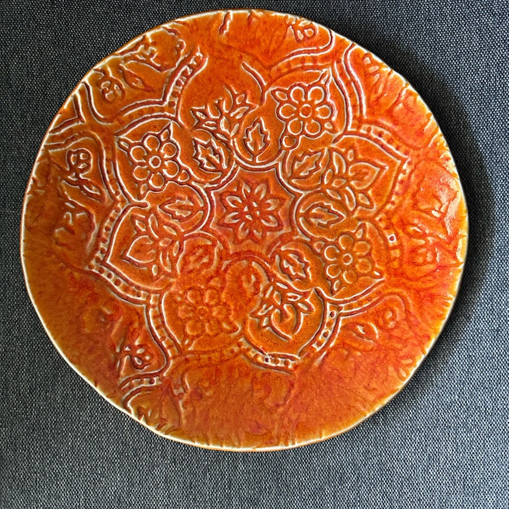 JARS France handmade, floral, dinner plate, Orange, Basque Quartz pottery